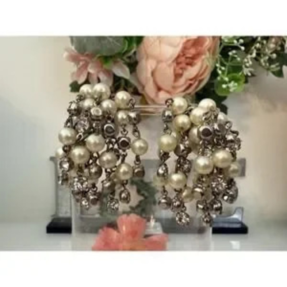 Vintage Waterfall Cha Cha Silver Tone Clip Earrings Faux Pearl Rhinestone Dangle
